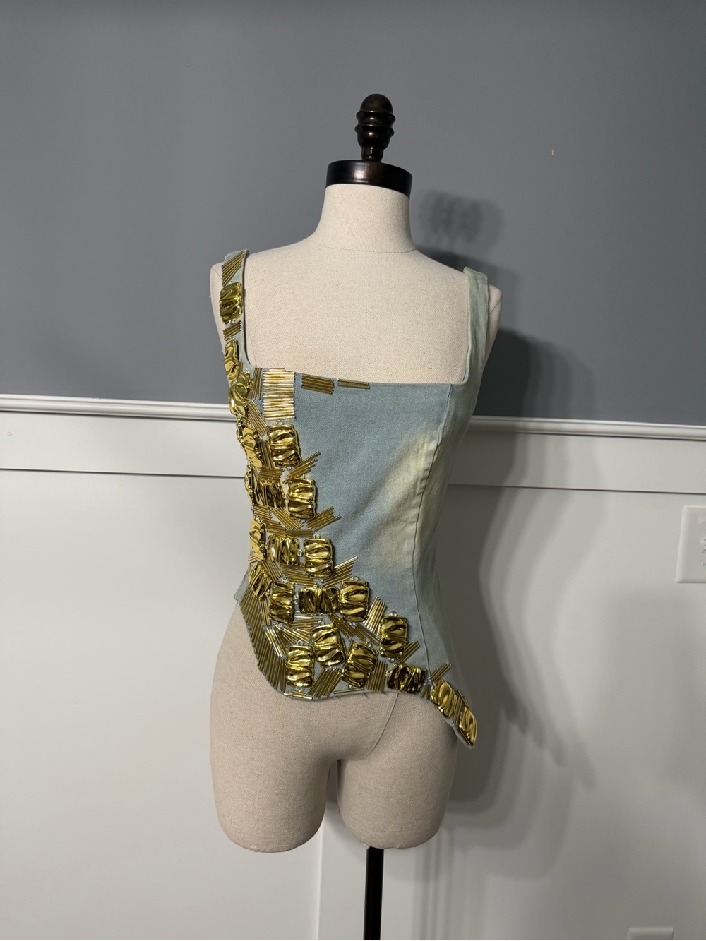 AKIRA Gold-Metal Embellished Pastel Blue Sculpted Women’s Top